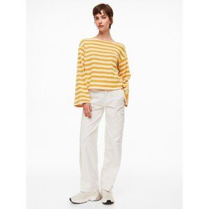H&M Boxy Bell Sleeve Boat Neck Jumper in Yellow/White Striped Nautical Beachy
